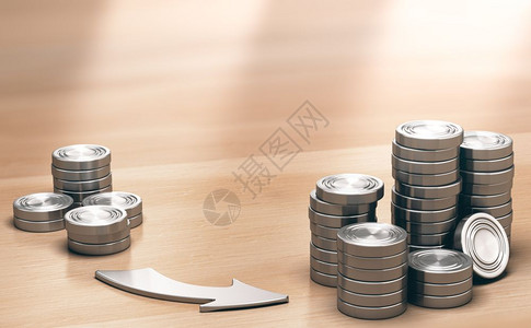 桌子两股硬币在木制桌上的符号和一箭指着更大的个金融利润概念3d说明ROI非常能见的投资背景注VeryProfectableInv图片