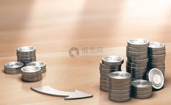 桌子两股硬币在木制桌上的符号和一箭指着更大的个金融利润概念3d说明ROI非常能见的投资背景注VeryProfectableInv图片
