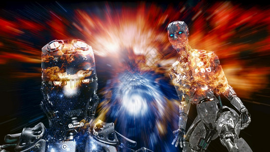 背景上金属半机械人3天成像空间背景上的金属半机器人科幻图片素材