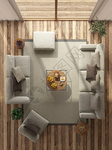 最起码的客厅地毯上有沙发和扶手椅3D显示最起码的客厅窗户植物渲染图片