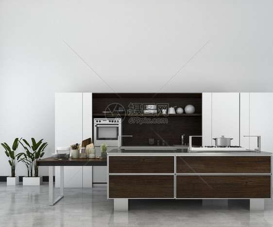 嘲笑3d提供白色最小模型厨房装有木质饰品器具内阁图片