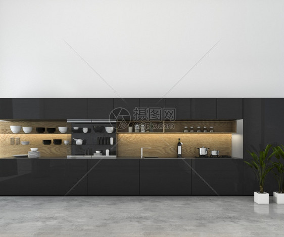 3d提供白色最小模型厨房装有木质饰品内阁风格洗碗机图片
