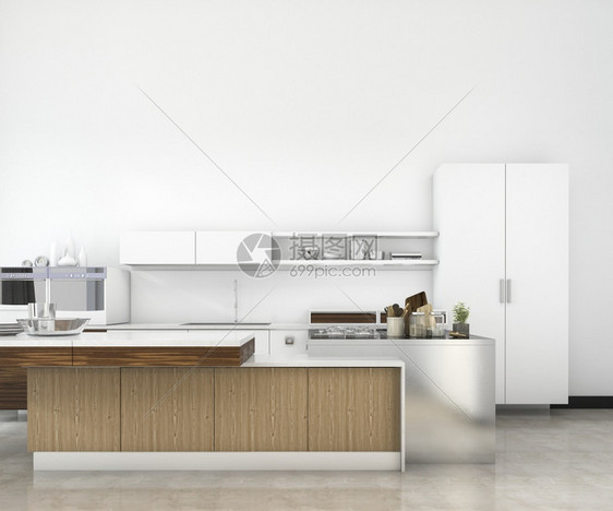 最小的3d提供白色最小模型厨房装有木质饰品内阁干净的图片