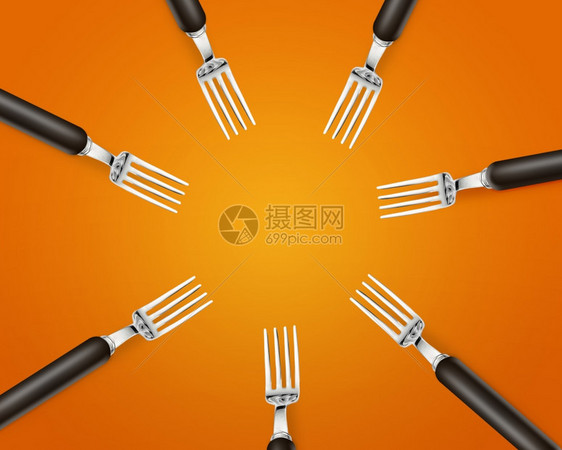 橙色背景上一组叉子复制空间圆午餐食物饮图片