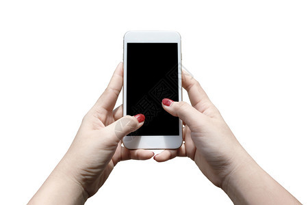 称呼技术妇女手持机在白色背景上被孤立里面有剪切路径手指图片