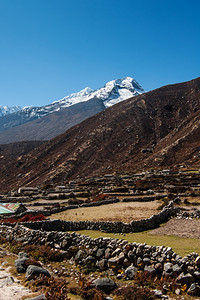 喜马拉雅山地貌雪高峰和Sherpa村户外旅行高地图片