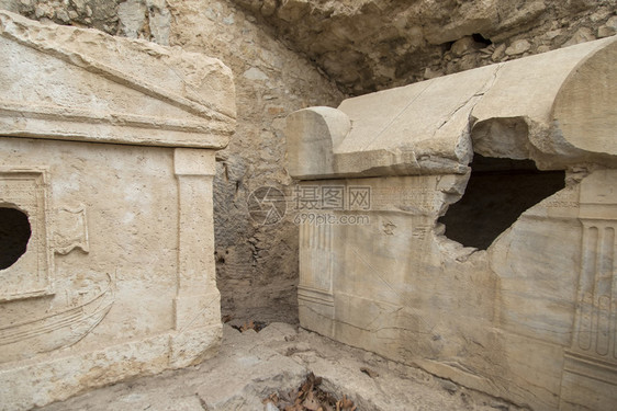 古老的户外奥林波斯古城观景废墟墙壁和石棺地中海图片