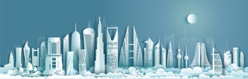 天际线建造中间前往具有现代建筑城市景观背的阿西亚中东部地标前往沙特阿拉伯卡塔尔巴林阿联酋科威特沙阿拉伯商业旅行小册子现代设计图片