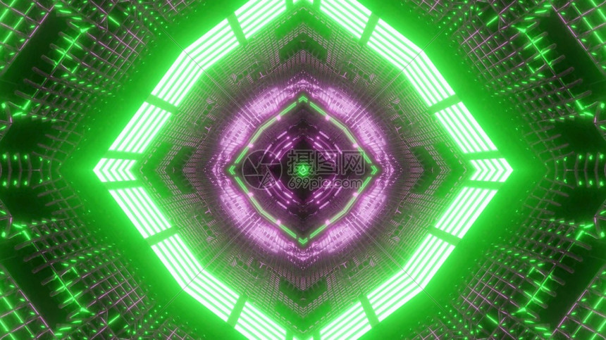 抽象的对称以绿色和紫灯光照亮的红和紫灯光照亮的金属未来无休止暴龙形隧道3d说明带有暴龙形的抽象背景有创造力的图片
