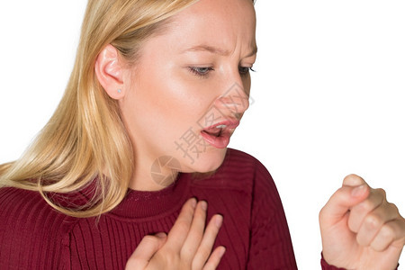 扁桃体炎喉卫生保健年轻女与咳嗽受苦的拍摄工作室图片