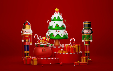 传单松树装饰品用圣诞和在讲台上的礼物站立胡图人3D插图片