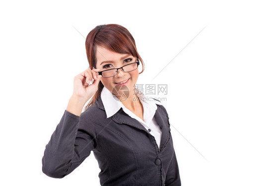 工作专业的眼睛微笑着戴镜的年轻商业妇女图片