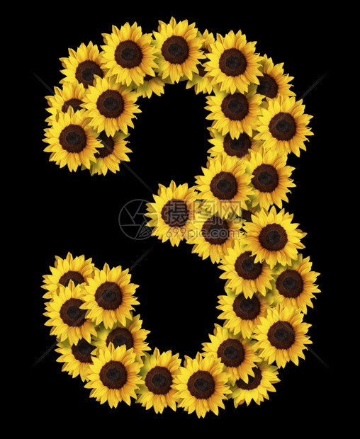 理想的概念装饰数字3由黄色向日葵花制成的图像在黑色背景上隔离爱情概念设计的元素非常适合母亲节和春季主题图片