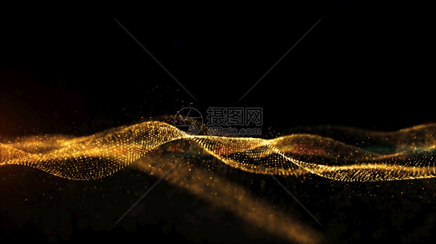 金粒子在黑色背景数字抽象3d的翻译中点燃动画波流背景Flicker粒子散焦周年纪念日运动图片