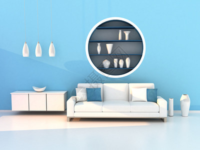 现代的蓝色房间蓝墙和白色沙发的内部白色图片