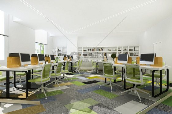 在职的3d举行绿色商务会议和办公大楼上配有书架的绿色商业会议和工作室介绍现代的图片