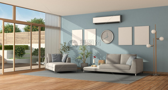 护发素白色的一个现代别墅蓝色客厅有沙发聊天室和空调机3天建成一个现代别墅的蓝灰色客厅软垫图片