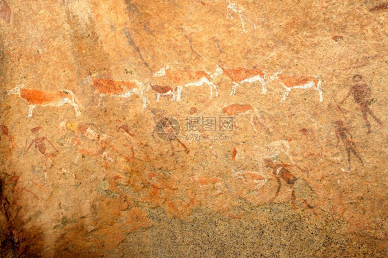 Brandberg考古遗址纳米比亚南部非洲人类物和羚羊的布希曼岩石绘画男人原始插图图片