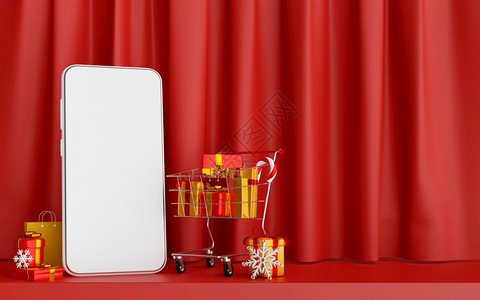 明信片网上关于智能手机概念的圣诞购物海报3d插图树装饰图片