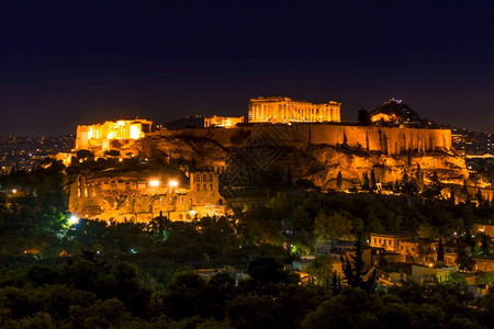 剧院旅游希腊雅典安特罗波利斯帕台农神庙夜光和风景优美图片