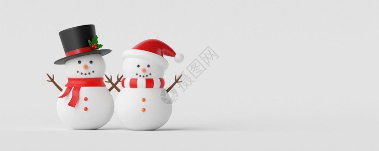 白色背景的雪人3d插图横幅松树假期礼物图片