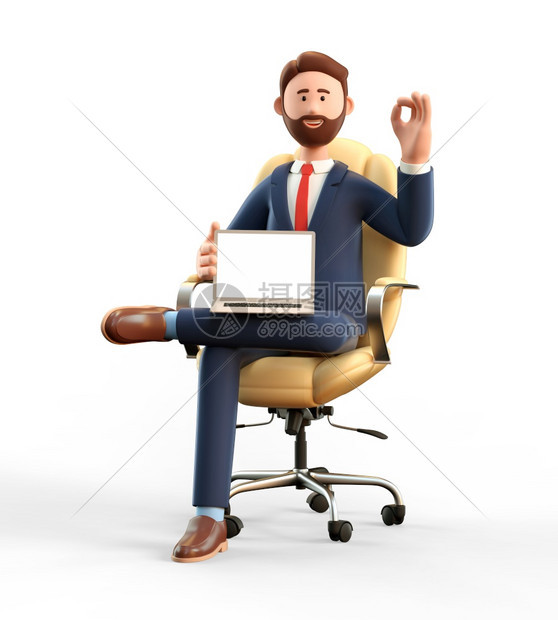 在职的使成为3D例子快乐笑的商人展示空白的笔记本电脑和手势好的卡通胡子男用好牌在办公室工作坐在滚动扶椅上套装图片