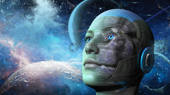 幻想机器人形Cyborg女拥有行星和空间背景的人类体Cyborg女3D图片