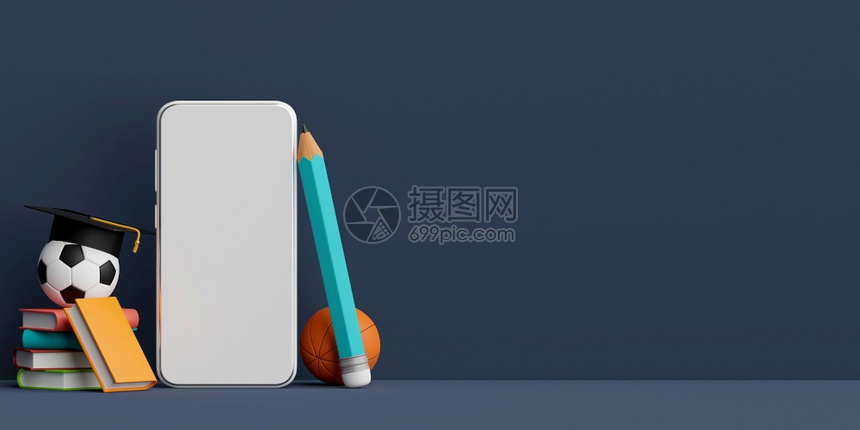 笔记本技术电子学习在线教育概念带有用品的智能手机Banner3d说明图片