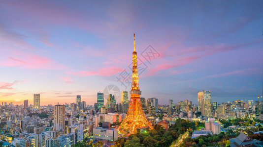 日本落时东京市天际和塔大楼的全景观日本吸引力建筑学城市图片
