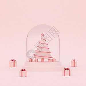 圣诞树在雪花中圣诞礼物在粉红背景上3D铸造新的渲染庆典图片