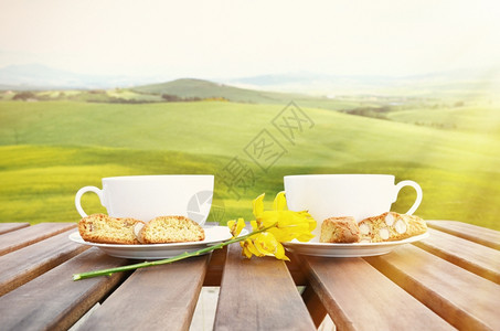 场地与意大利Toscan风景对抗的木制桌上咖啡和罐头菜柴金夏天图片