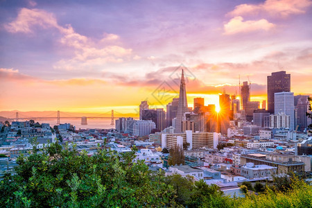 科幻金融的暮黄昏时美旧金山市中心商业的美丽景色图片