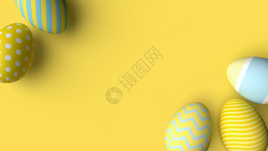 知更鸟喜庆的平坦在黄色复活节背景概念上以黄调颜色涂画的复活节鸡蛋3d插图图片