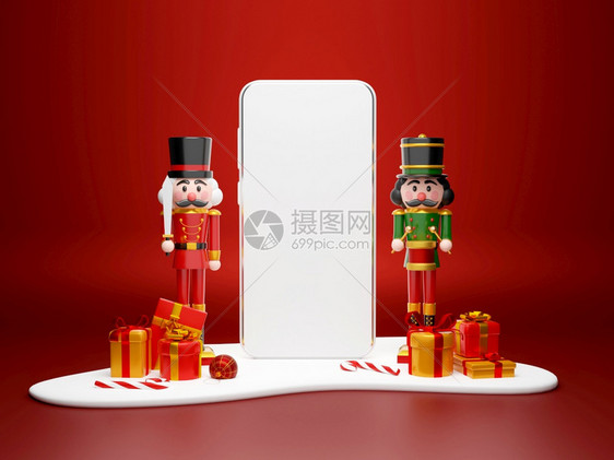 圣诞购物在线概念带有坚果和圣诞礼物的智能手机3个插图圣诞节克劳斯传单图片