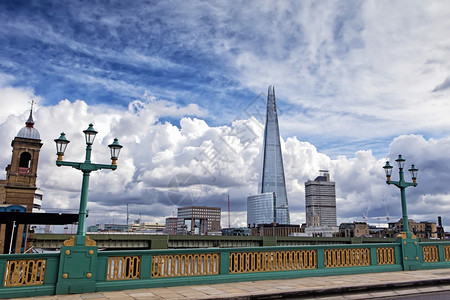 甲板伦敦Southwark大桥的Shard大楼玻璃地标背景图片