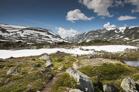 山户外国民Gammlestrynefjellsvegen夏季有雪的北边最美丽汽车道路之一图片