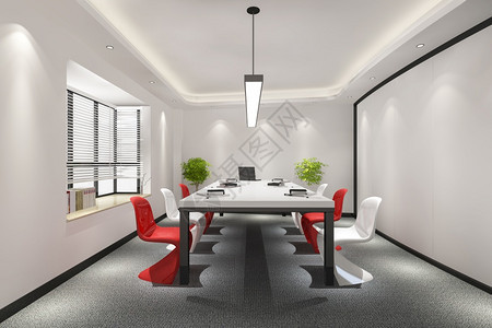 3d在高楼办公大上提供商务会议室配有彩色装饰自在办公室司的图片