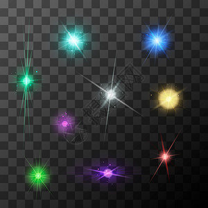 闪亮的迪斯科一组不同恒星爆破在透明的背景上闪亮多彩的火花一组不同星暴发有色彩多的火花爆炸图片