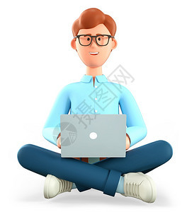 在职的冷静渲染3D插图用笔记本电脑坐在瑜伽莲的地板上卡通商人使用社交网络的自由职业者在线工作场所概念等三维显示图片
