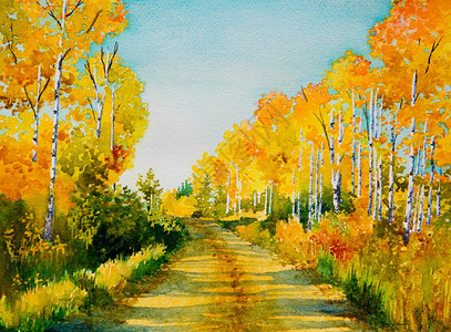 一种经过由萨斯喀彻温北部一条美丽秋季彩色的后路所启发原始水彩画创造力图片