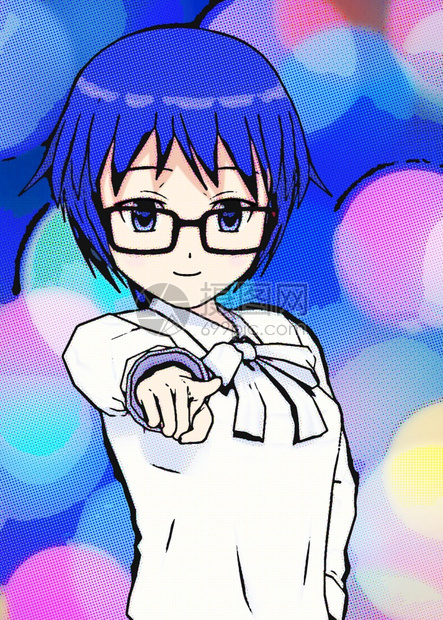 蓝色的眼睛光栅Manga女孩的数字插图图片