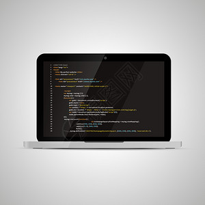 真实的光滑笔记本电脑其简单网站HTML代码在暗底背景上为代码编在线的项目图片
