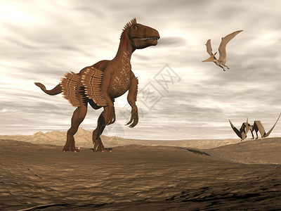 经过天空动物沙漠风景中的美丽巨型恐龙由两只天野鸟和三维成形的乌云般日落图片