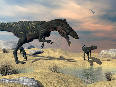 夏诺多吉进化古艺术两只在沙漠中寻找水的masiakasaurusknopfleri恐龙3D渲染沙漠中的Masiakasaurus渲染使成设计图片