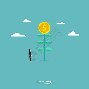 人类叶子一个年轻的商人看着一棵钱树商业增长成功的领导能力矢量插图的平板设计成功领导者向说明设计合同图片