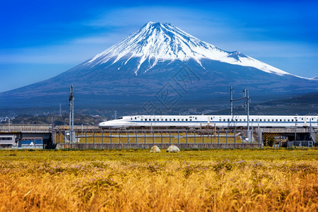 在日本静冈的藤山和高速列车春天场地高的图片