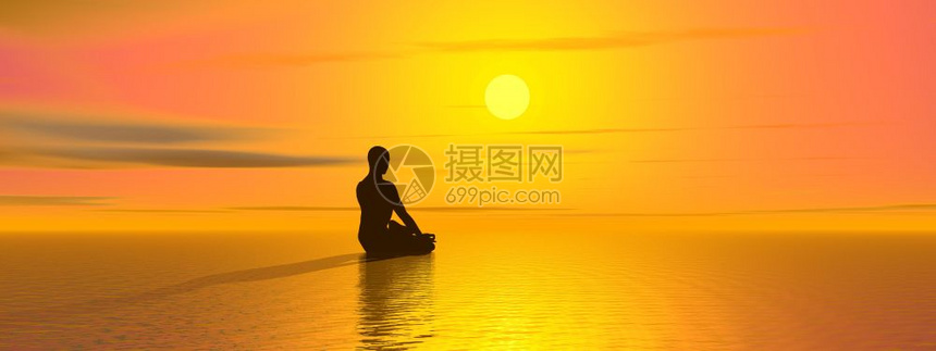 人类宗教的在太阳面前和海洋上沉思由美丽的日落在下冥想健康图片