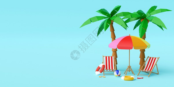 旅游暑假概念海滩伞沙椅子和附件蓝底棕榈树下的夏天插图图片