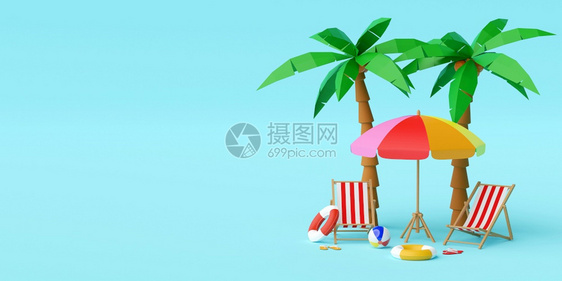 旅游暑假概念海滩伞沙椅子和附件蓝底棕榈树下的夏天插图图片