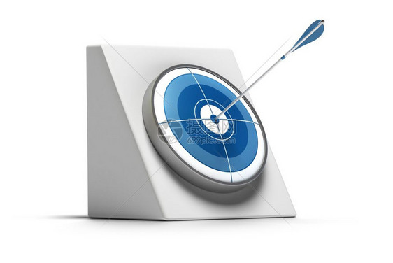 冠军瞄准客观的目标箭头击中圆的心飞镖是蓝色的图像在白色背景商业成功率上拍摄的图片